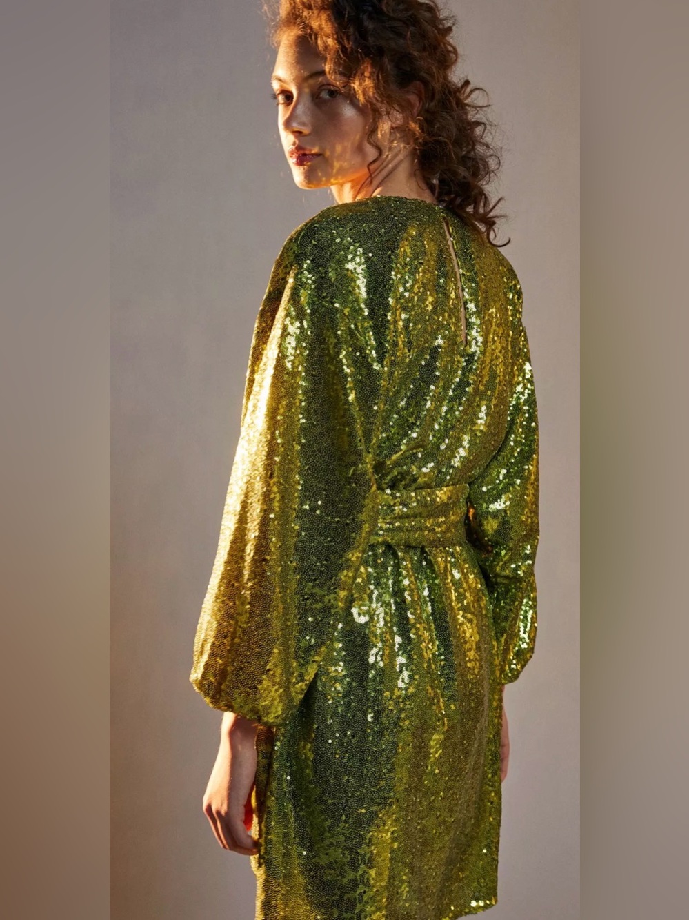 Anthropologie NWT mini dress sequins long sleeves green belted v neck size XL